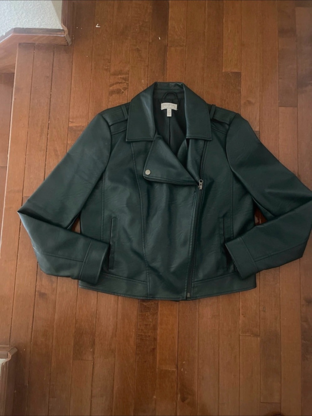 Women's Dark Green Faux Leather Moto Jacket /medium.